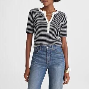 NWT Madewell Textured Striped Elbow-Sleeve Henley Tee Midnight Navy Size XS